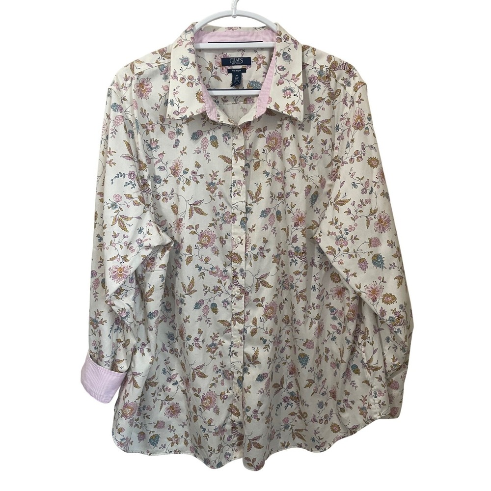 Chaps Womens 2X Floral No Iron Cotton Button Down Shirt Pink Cream Blue